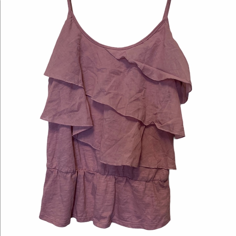 Pink/Mauve adjustable tank top with ruffles.